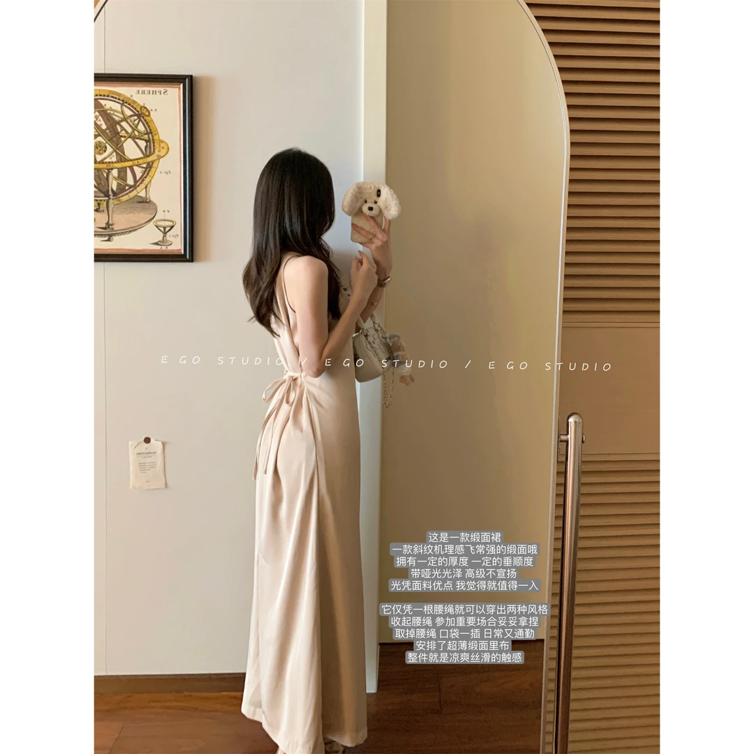 egostudio挖肩袖两穿铜氨丝般缎面连衣裙女气质系带背心长裙裙子
