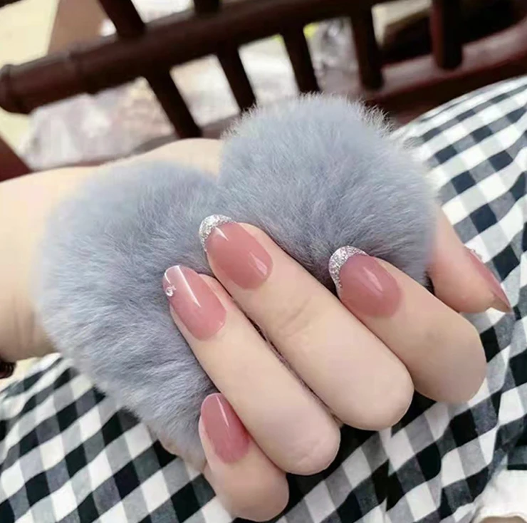 （中长款）藕粉小钻假指甲美甲贴穿戴美甲甲片指甲片贴可拆卸穿戴甲