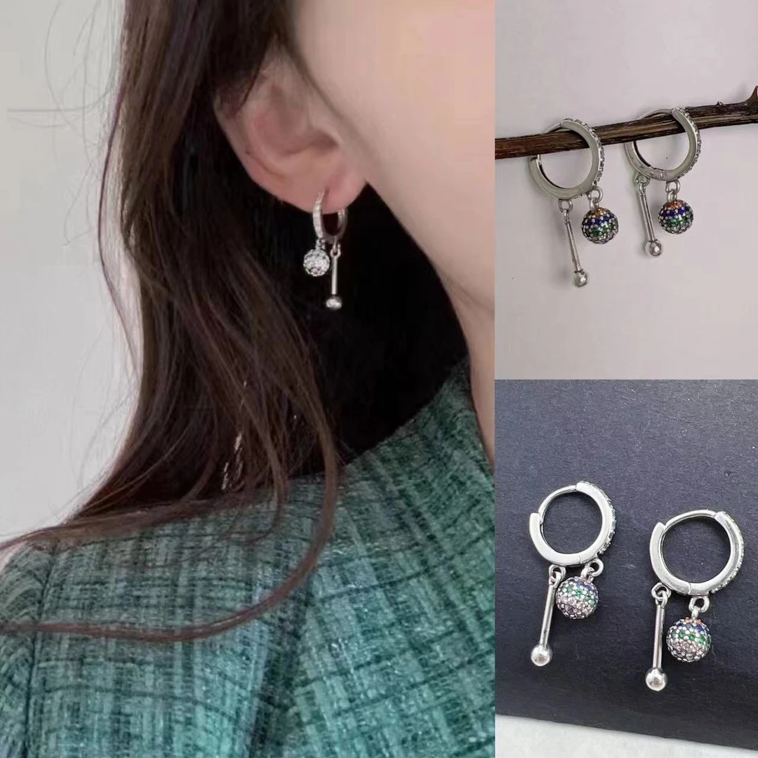 925银耳饰 镶彩锆圆球小棍耳扣轻奢韩版