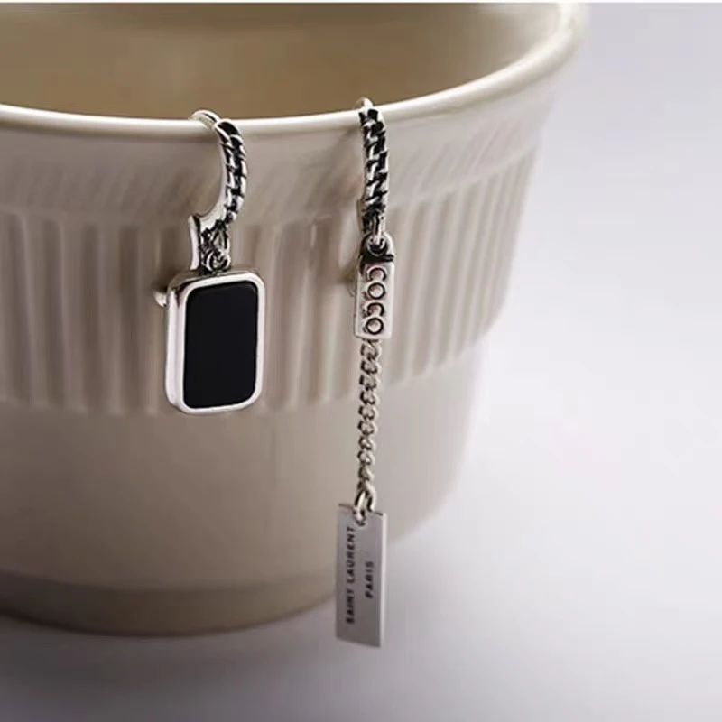 925银珐琅耳饰 AB款黑色方牌链条流苏耳环个性小众