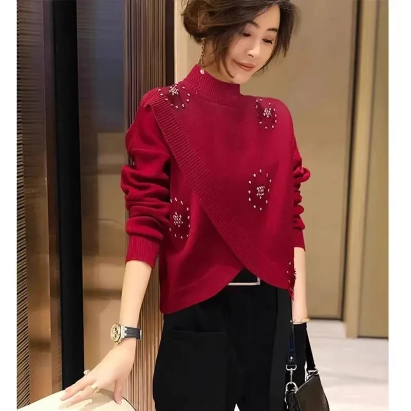 大码女士长袖女秋冬新年红胖mm遮肚子半高领毛针织打底衫上衣ins