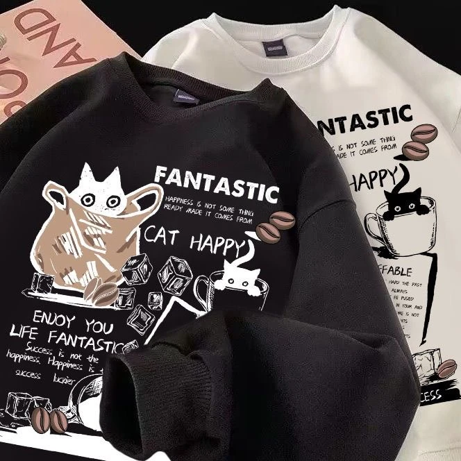 2025新款港风卡通猫咪卫衣男秋冬季圆领宽松学生套头百搭潮流上衣