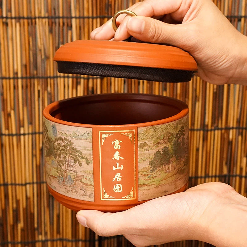 高档紫砂富春山居图古风密封茶香陶瓷防潮储存茶叶罐带盖大容量