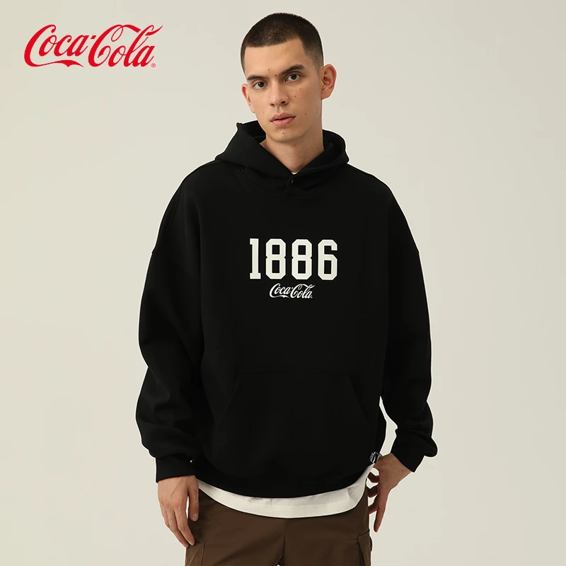 Coca-Cola/可口可乐连帽卫衣男宽松字母印花秋冬款情侣加绒款卫衣