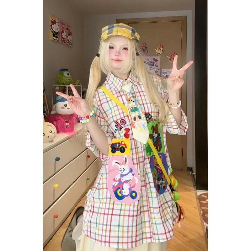 凛可爱小众设计感彩色格纹短袖衬衣女夏季polo领休闲百搭宽松衬衫