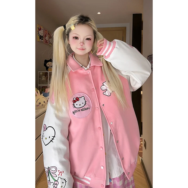 凛可爱 学院风kt猫加厚polo领棒球服女冬季新款休闲百搭pu皮外套