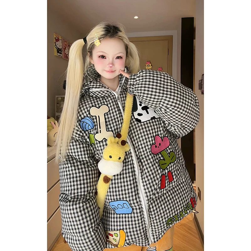 凛可爱趣味卡通动漫刺绣棉服女2024冬季新款连帽宽松休闲棉衣外套