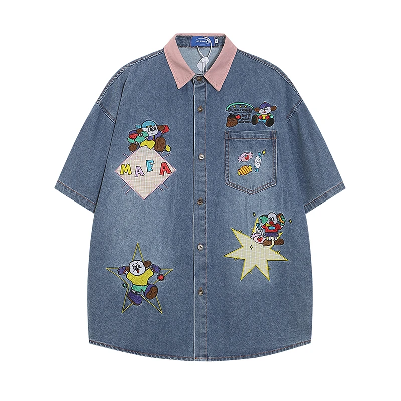 凛可爱 日系趣味卡通刺绣短袖衬衫女夏季新款拼色尖领牛仔蓝衬衣