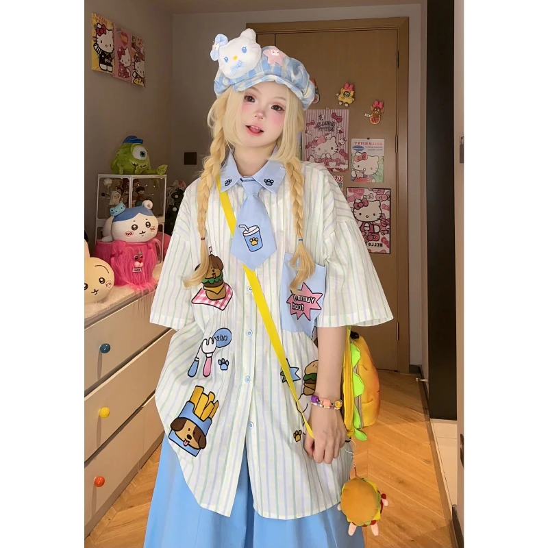 凛可爱卡通动漫刺绣衬衣女夏季polo领宽松休闲百搭条纹衬衫上衣