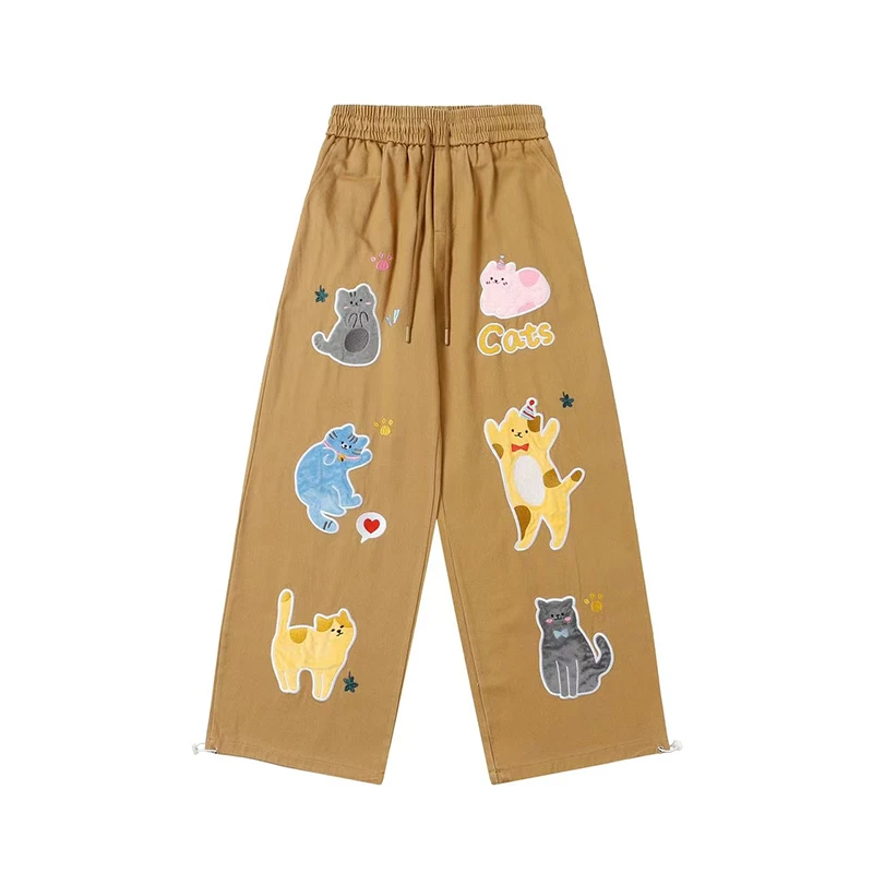 凛可爱趣味卡通小猫贴布绣休闲阔腿裤女秋冬高腰显瘦宽松直筒长裤