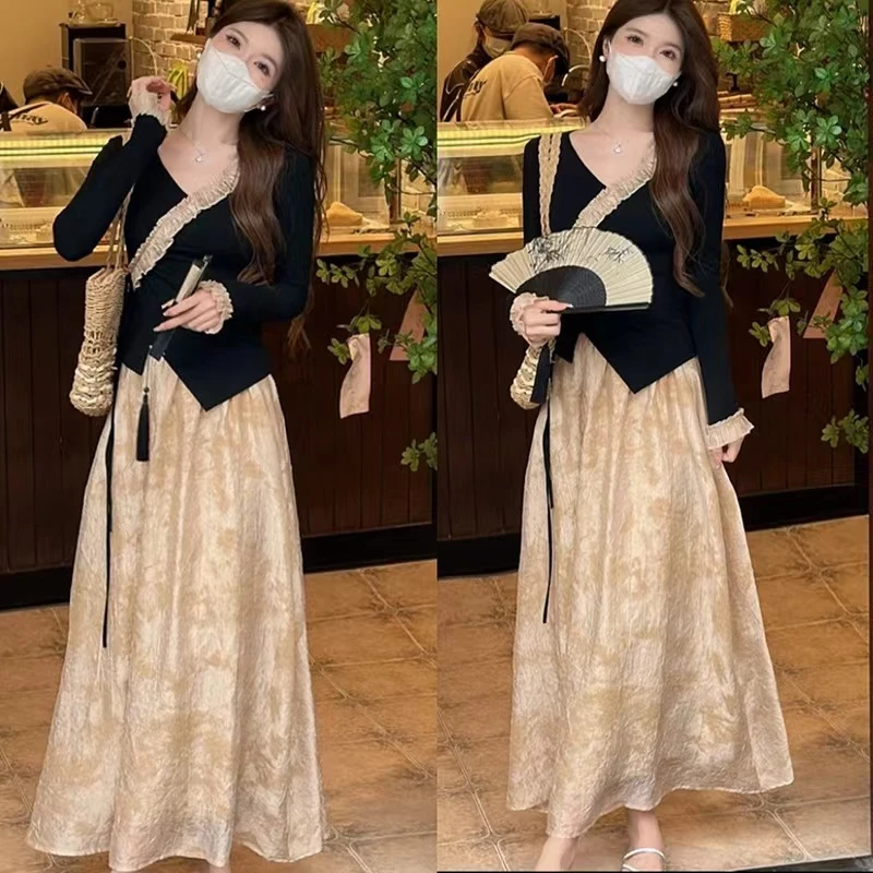 【墨袖添香】2024新中式国风设计V领花边上衣 高腰扎染半身裙套装女