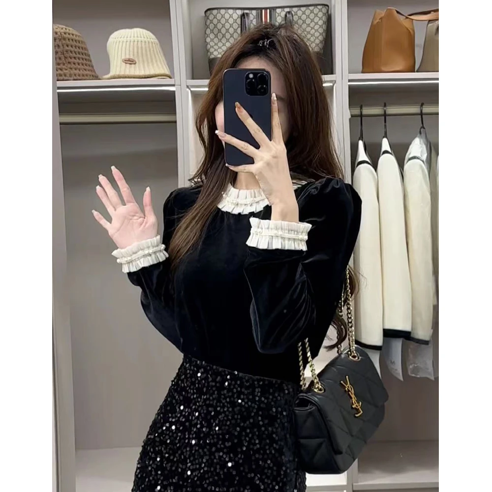 【小星星】法式显瘦气质时尚小众洋气黑色拼接长袖上衣显瘦亮片短裙