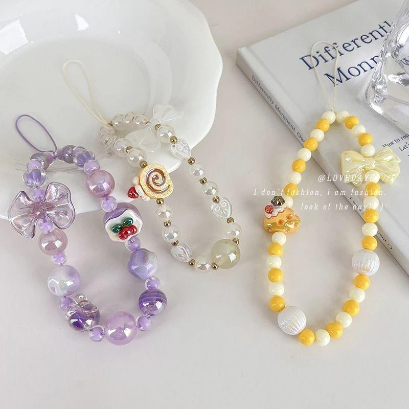 新款紫色樱桃蛋糕手机挂绳手机壳串珠手机链挂件饰品配件创意女款