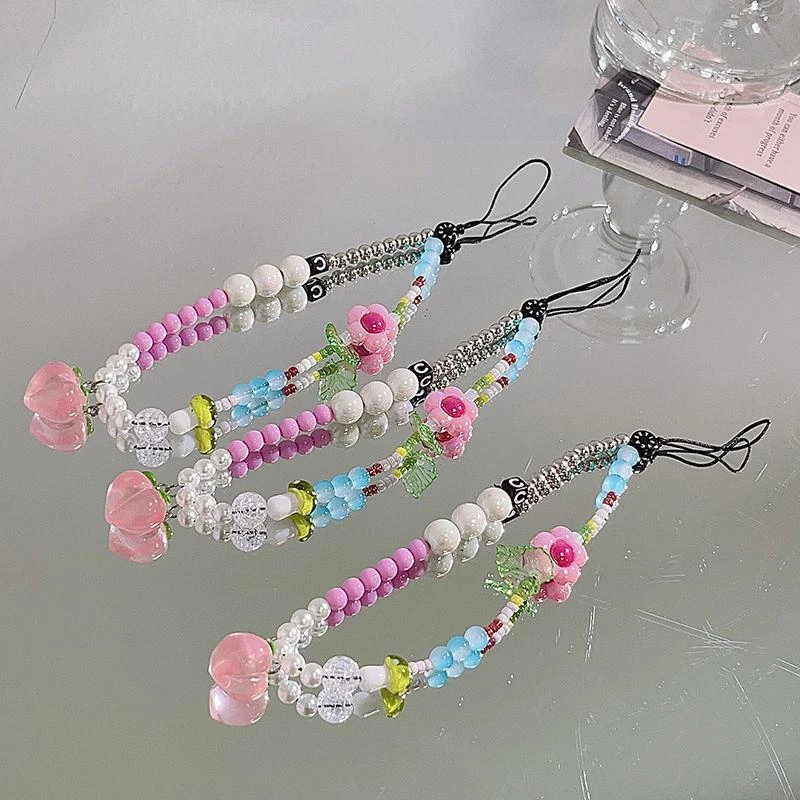 ins日韩彩色串珠链条女款短款手绳手腕带通用手机壳钥匙链相机链d