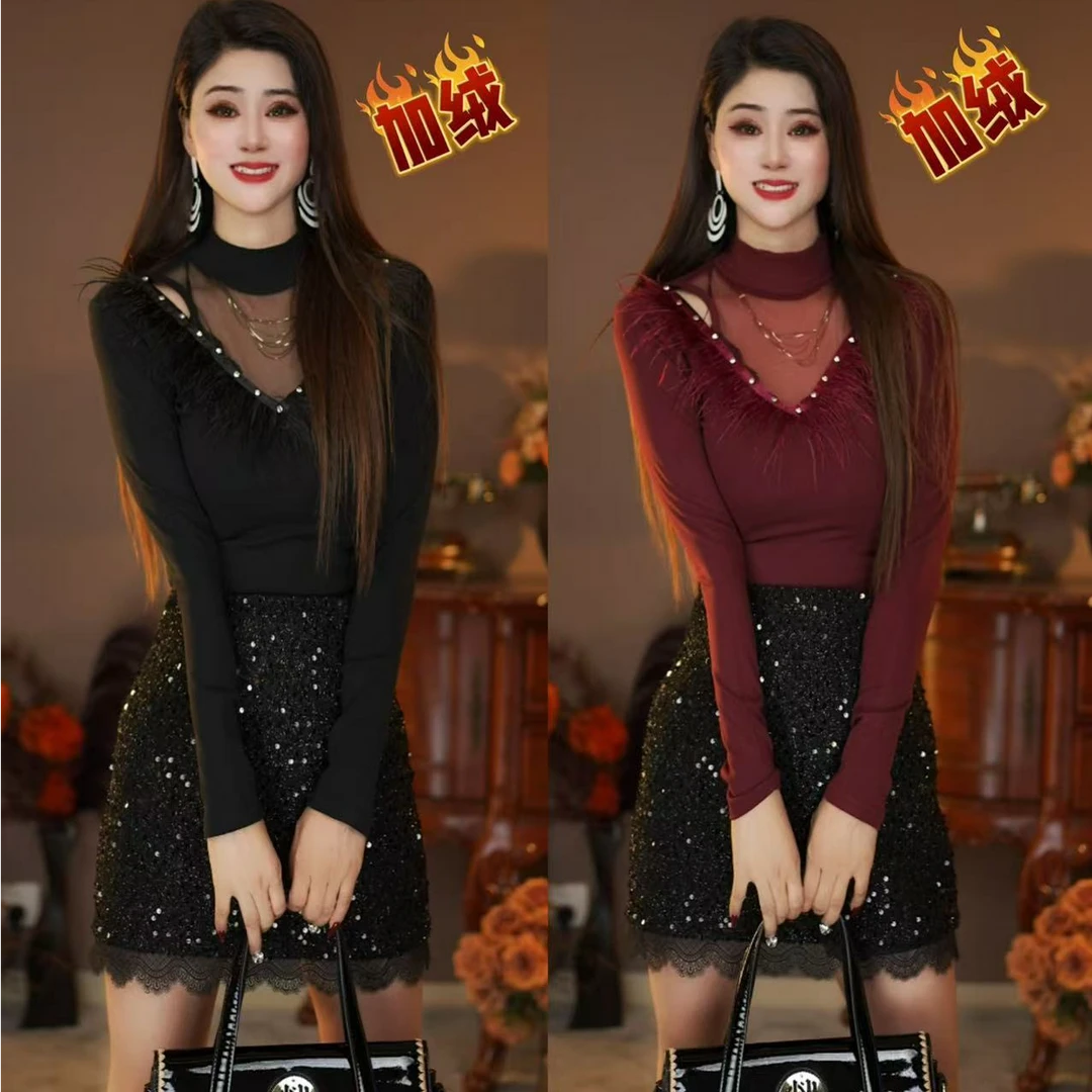 丁1139重工羽毛设计师款打底时尚加绒百搭半高领修身拼接显瘦上衣