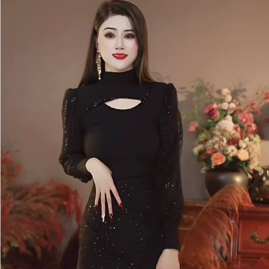 丁6607加绒时尚气质秋冬季新款法式纯欲修身重工亮片打底衫上衣