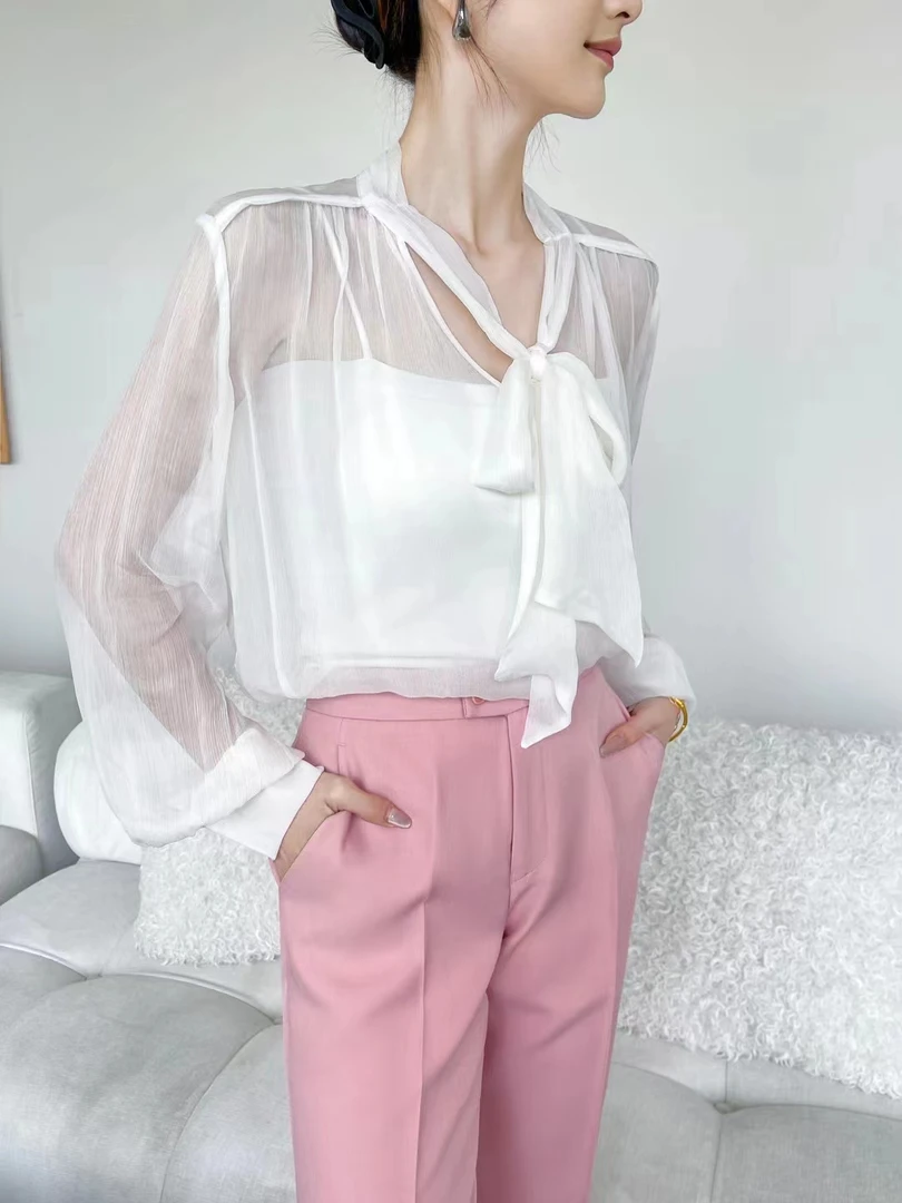 2024新款BERTILLA轻奢时尚女士飘带衬衫