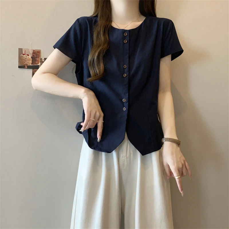 夏季微胖大码遮肚子衬衣设计感飞飞袖短袖衬衫女休闲显瘦绑绳上衣