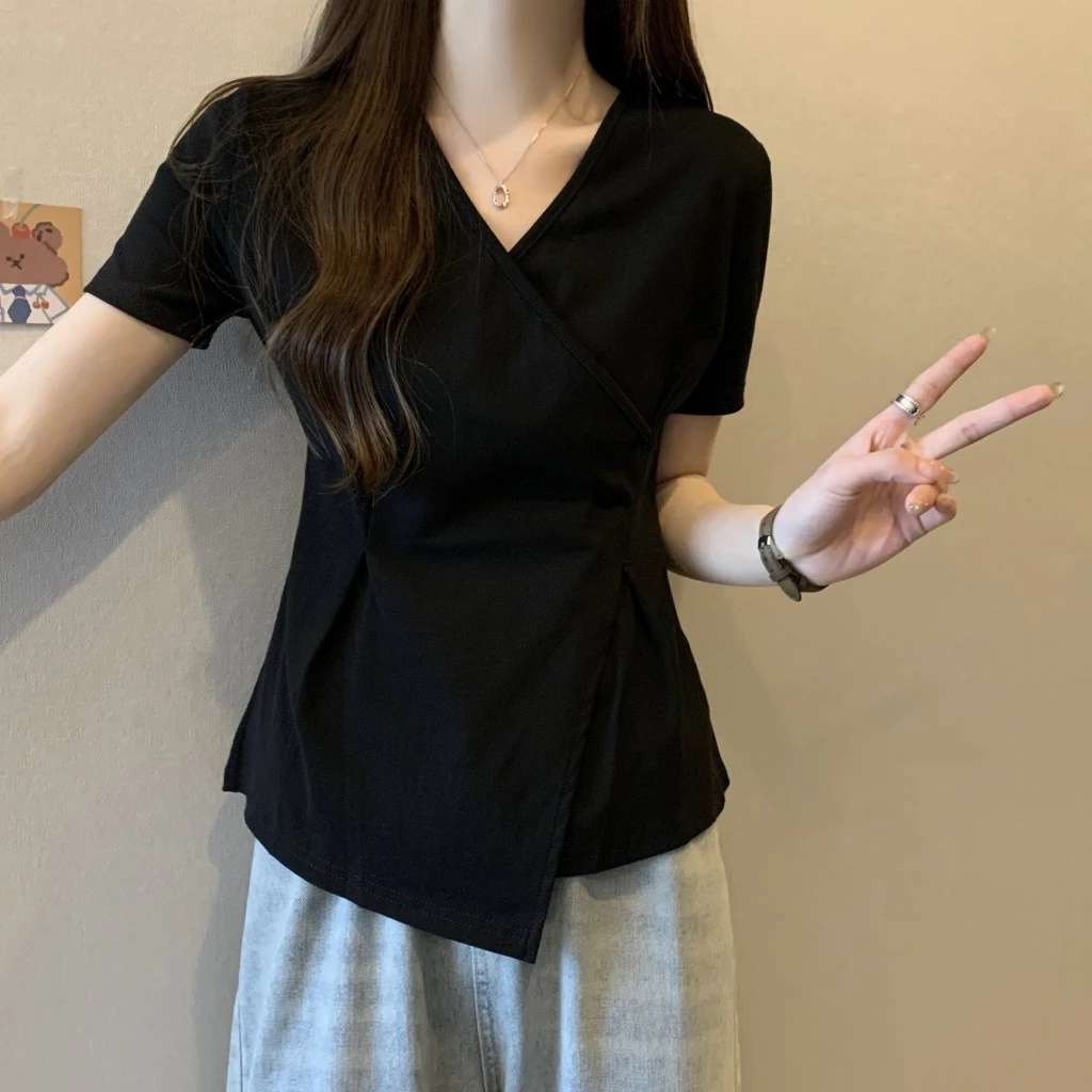 不规则设计感V领上衣女夏季大码洋气显瘦设计感开叉短袖t恤打底衫