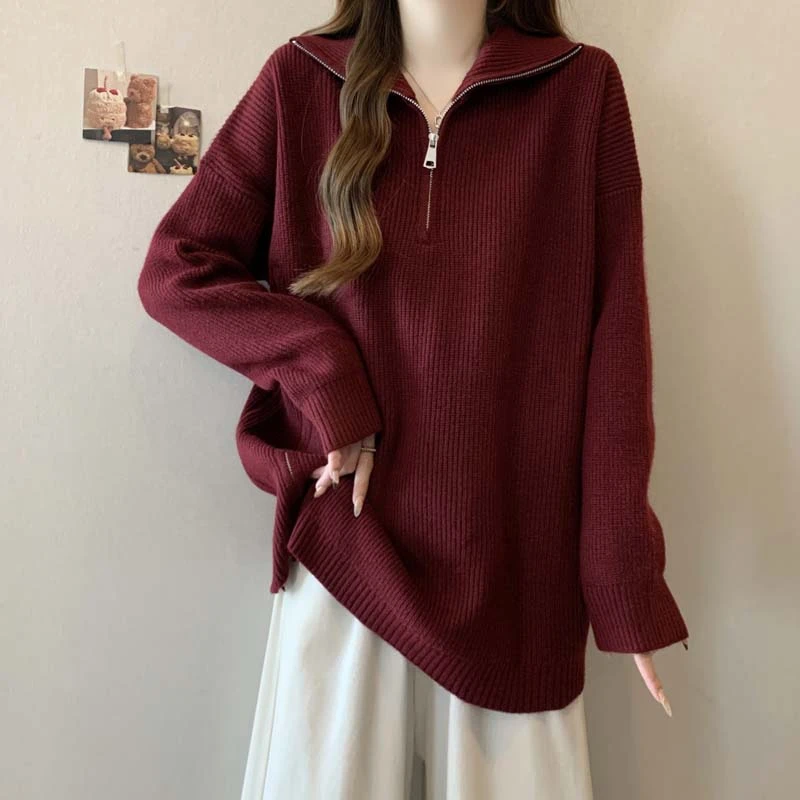 遮肚子高领拉链毛衣女秋冬大码加厚宽松气质针织衫遮肚子开叉上衣