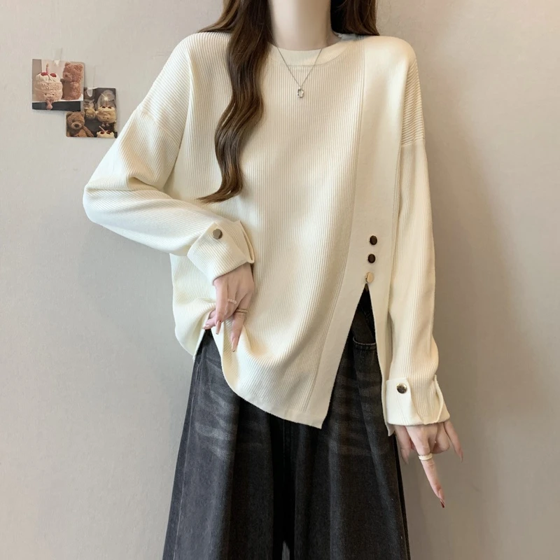 大码秋冬气质打底衫百搭开叉上衣女红人上新毛衣不规则长袖针织衫