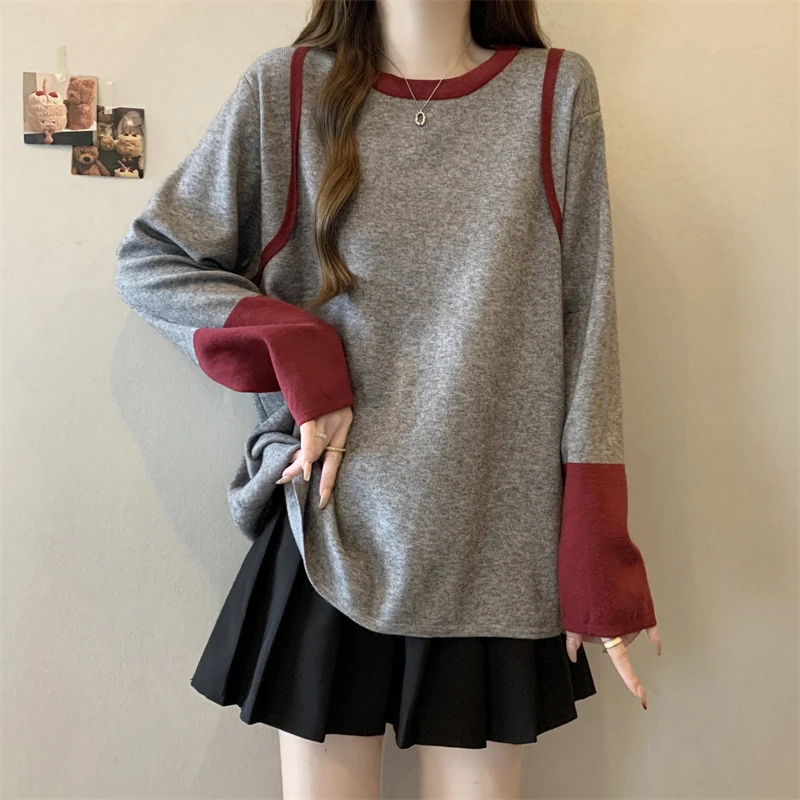 大码遮肚子慵懒风藏肉条纹毛衣女秋冬新款宽松撞色长袖针织衫上衣