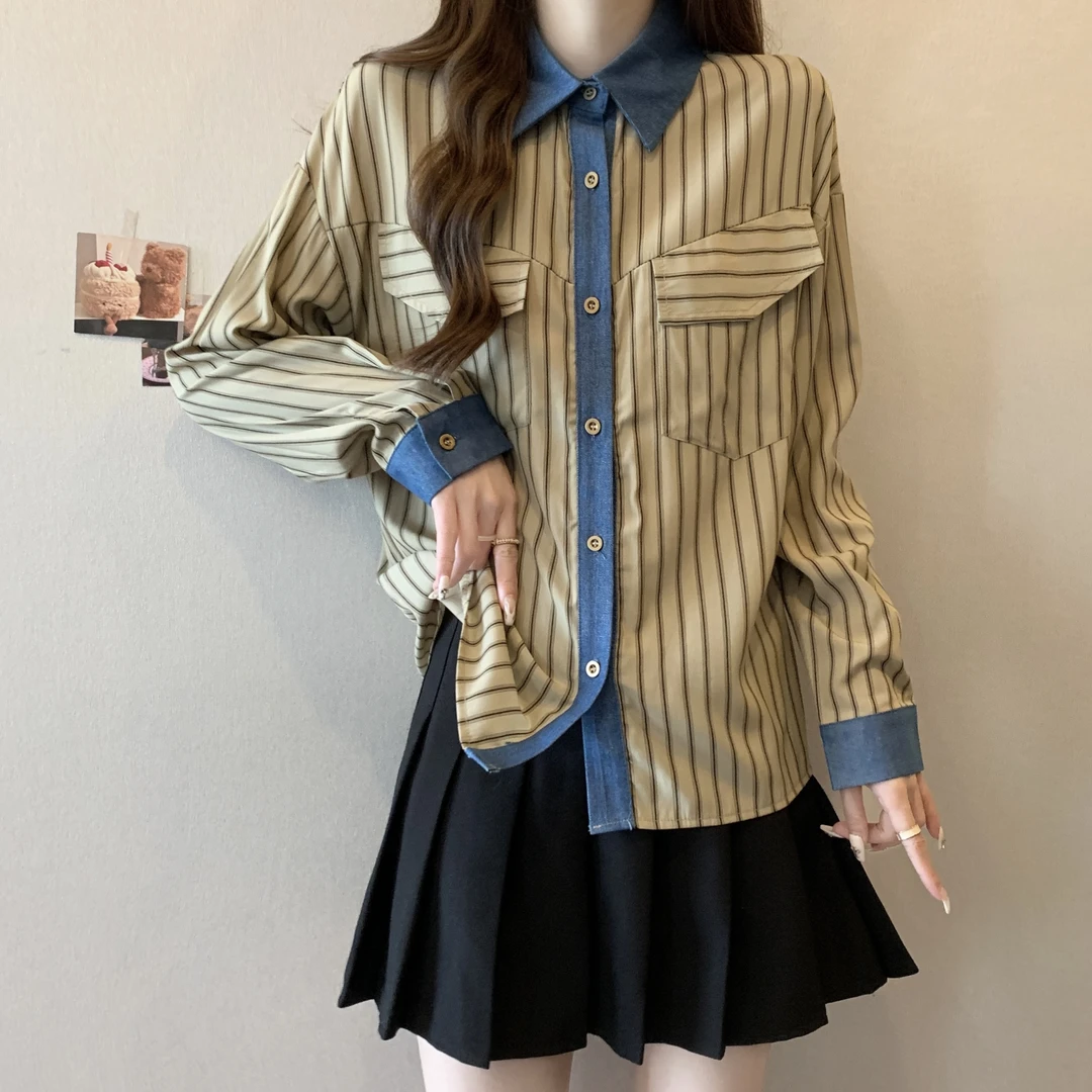 大码胖mm春季新款设计感拼接牛仔条纹衬衫女百搭复古小众长袖上衣
