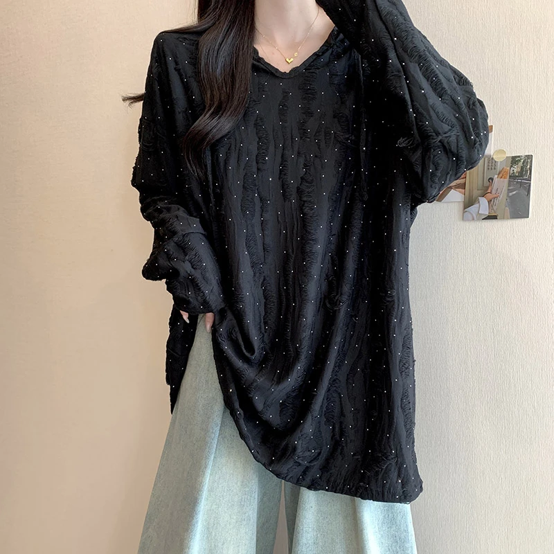 大码连帽长袖上衣女秋冬微胖百搭遮肚子显瘦藏肉慵懒风中长款t恤