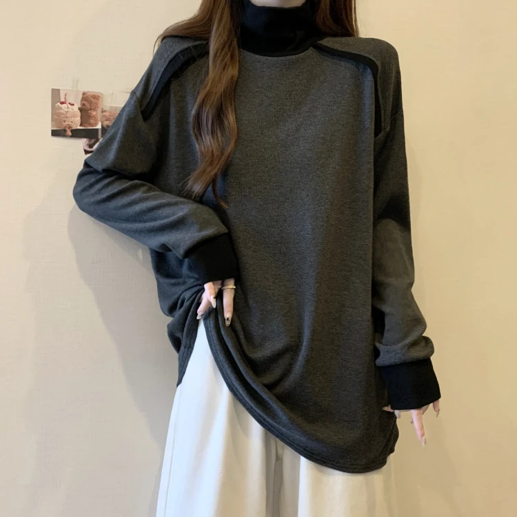 宽松慵懒风上衣大码秋冬新款中长款胖mm显瘦藏肉减龄撞色长袖T恤