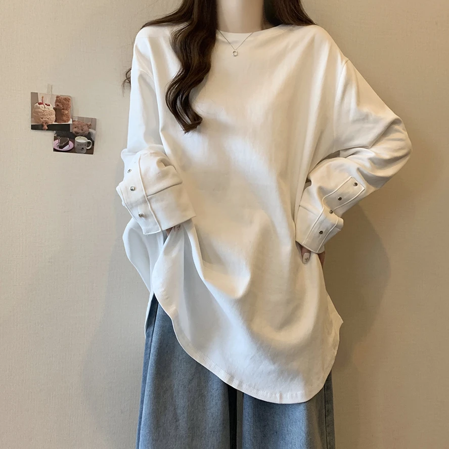 秋冬新款大码百搭宽松版圆领中长款T恤上衣女胖mm显瘦休闲打底衫