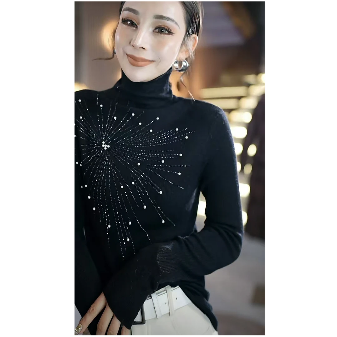 冬季轻奢时尚气质百搭收身烟花烫钻女士套头半高领打底毛衫3my830