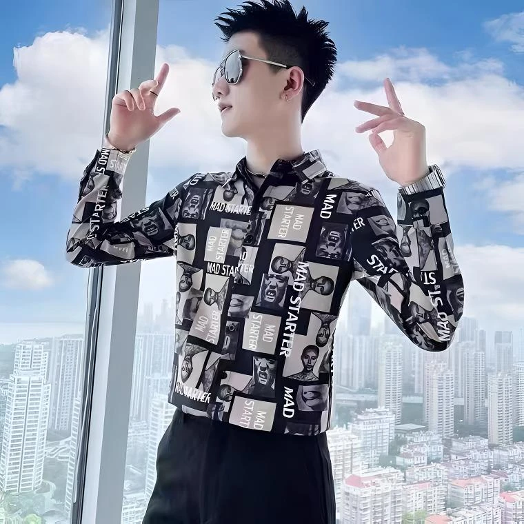 欧美男士衬衫痞帅英伦痞帅弹力高级潮牌网红青年字母长袖男装上衣