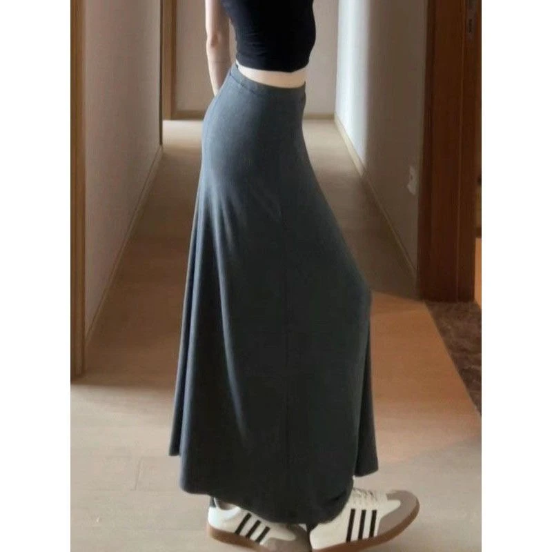 夏季新款垂坠感显瘦薄款深灰色长款薄款半身裙气质显身材跳舞长裙