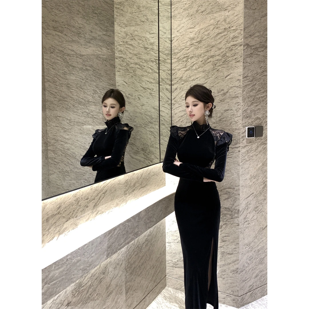 法式气质蕾丝黑色丝绒连衣裙女秋冬修身高级感宴会晚礼服包臀长裙