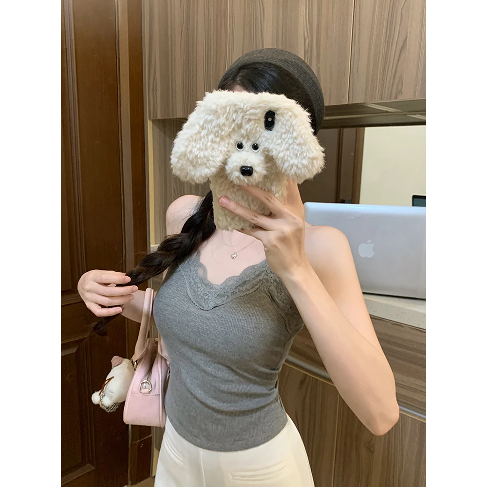 蕾丝拼接短款吊带背心女冬季修身内搭带胸垫纯欲灰色无袖打底上衣