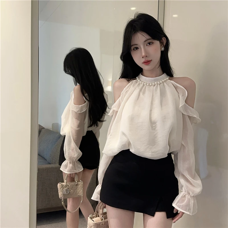 温柔风荷叶边立领钉珠雪纺衫女秋季新款宽松露肩法式百搭长袖上衣