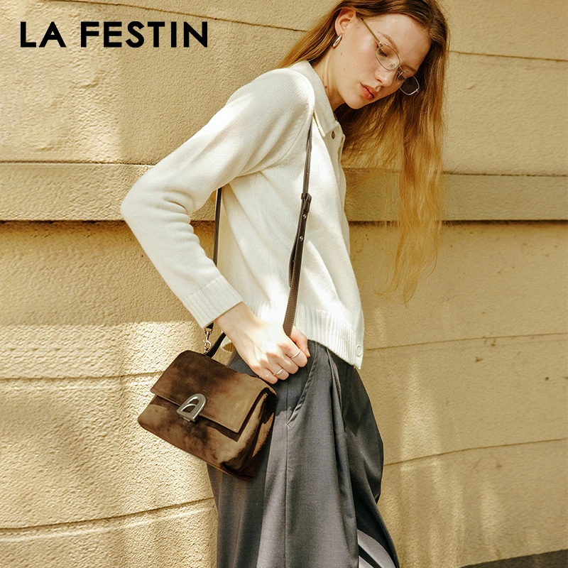 【清仓】【拉菲斯汀】麂皮绒蹋蹋包棕色通勤女斜挎包手提凯莉包622288