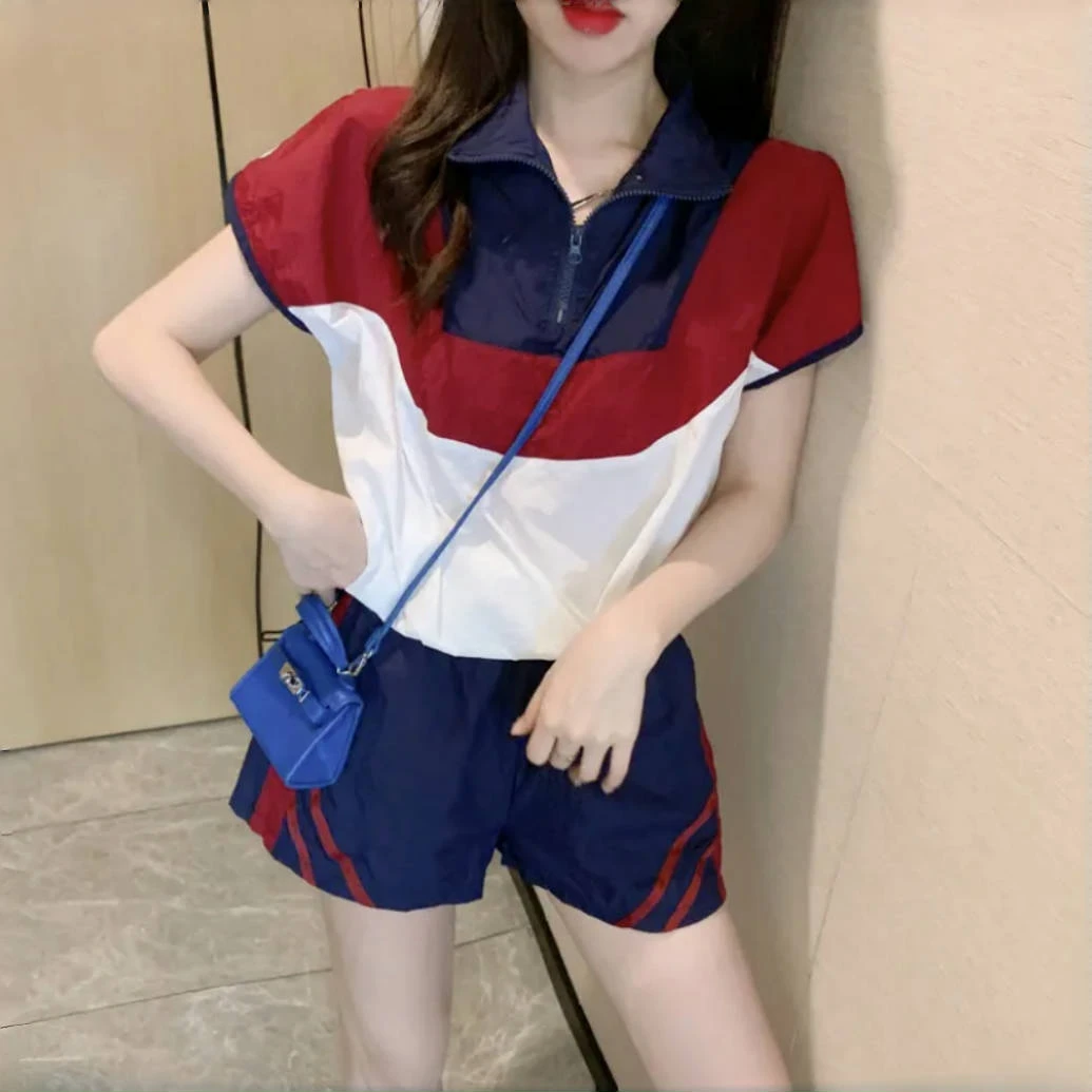 时髦休闲运动套装2024年夏季新款拼接撞色减龄短袖高腰短裤两件套