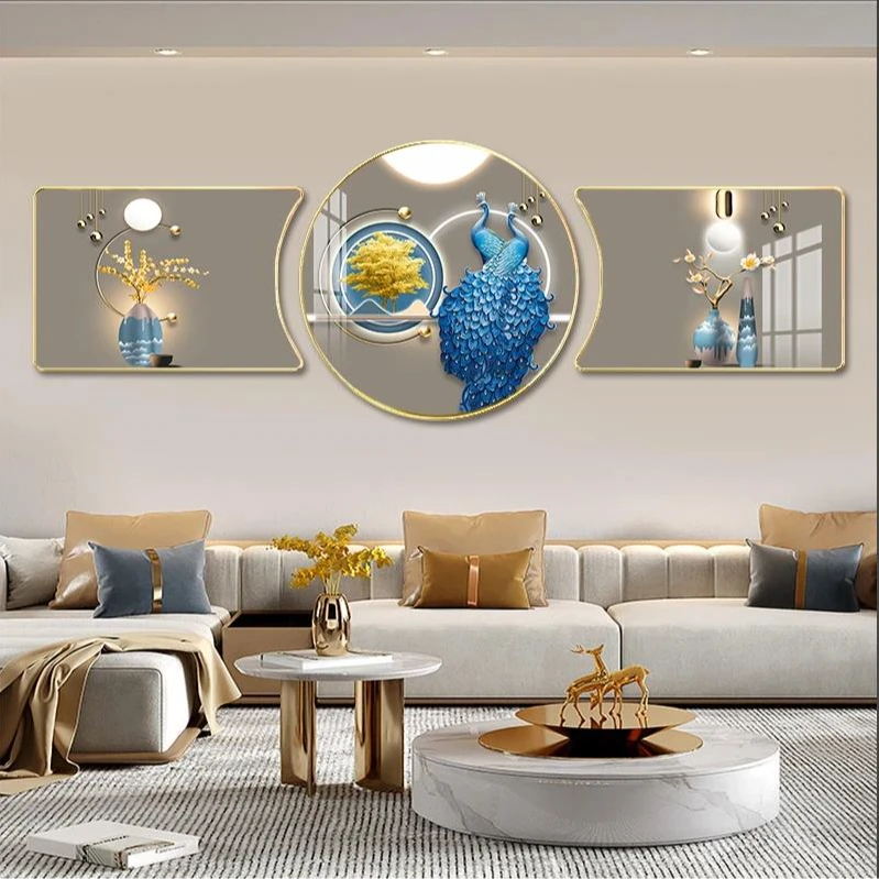 新珠联璧合客厅装饰画晶瓷水晶新中式挂画现代简约壁画圆形客厅画
