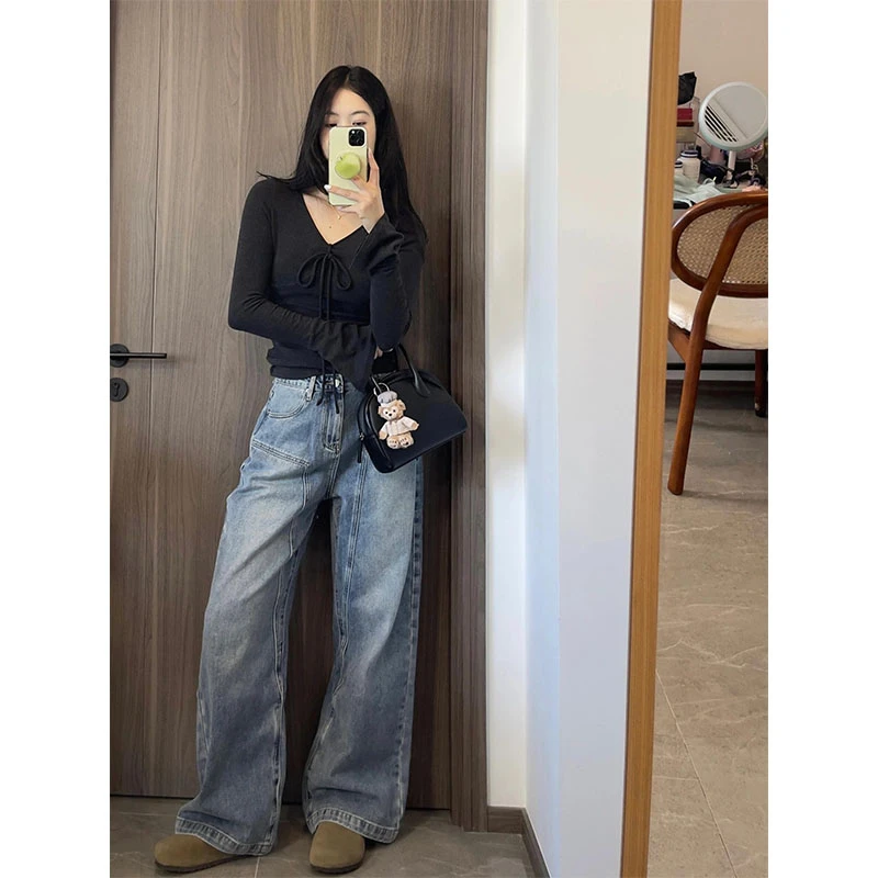2025早秋新款简约时尚休闲风绑带长袖上衣高腰直筒宽松百搭牛仔裤