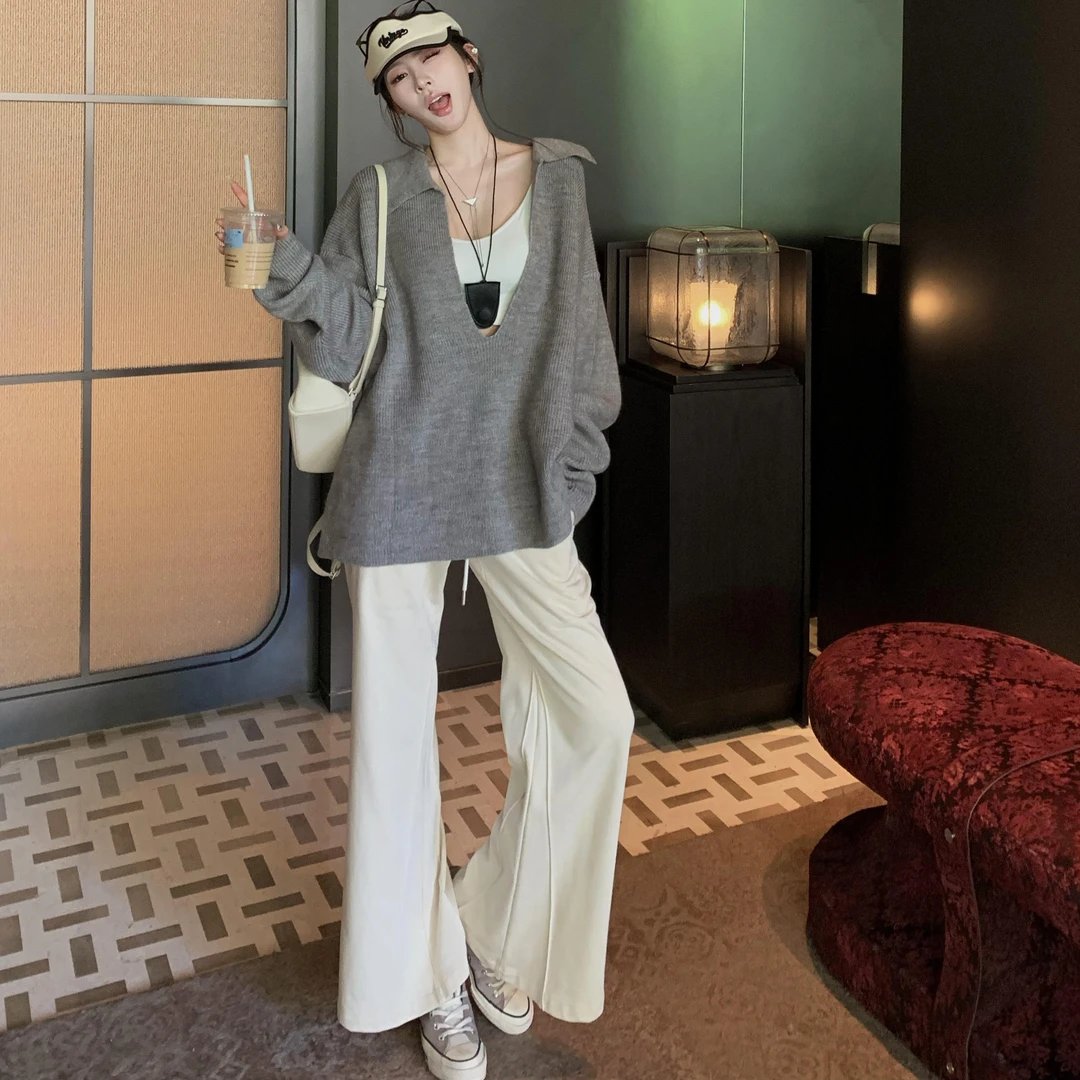 2024秋季新款简约时尚慵懒风翻领长袖针织上衣高腰垂感直筒阔腿裤