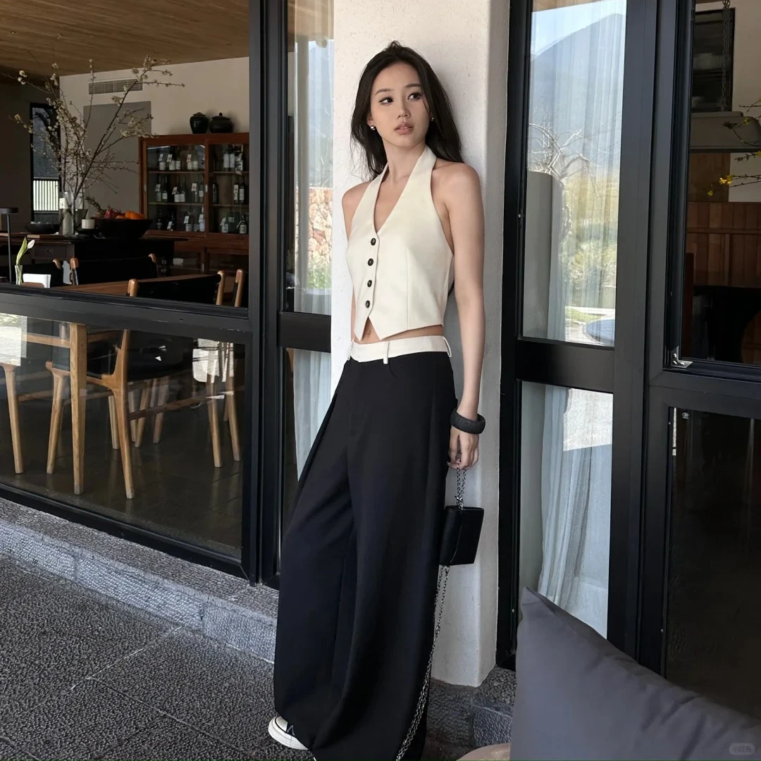 2025夏季新款高级单排扣气质显瘦马甲背心时尚小众垂感拼接阔腿裤