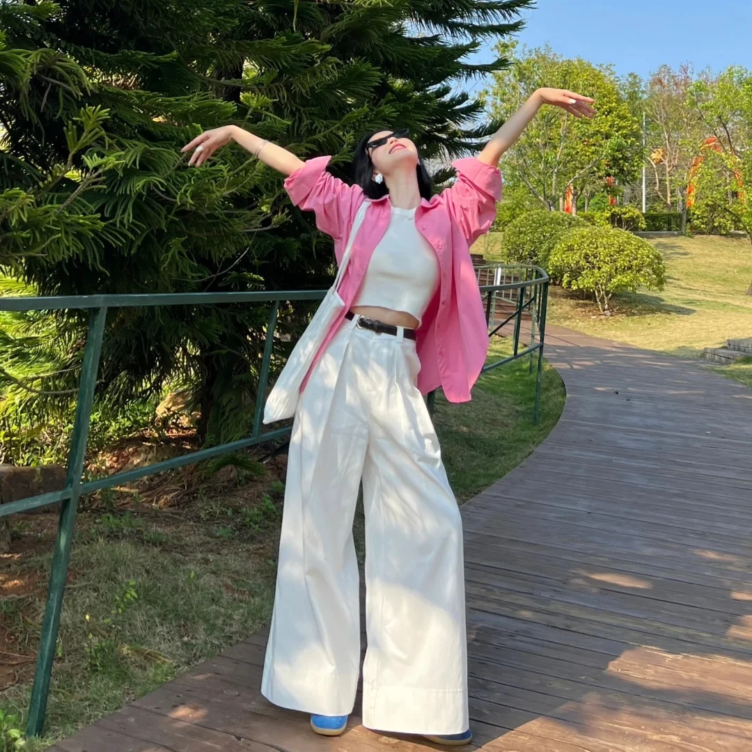多巴胺穿搭防晒甜美气质衬衫女2025秋季新款时尚高腰阔腿裤配腰带