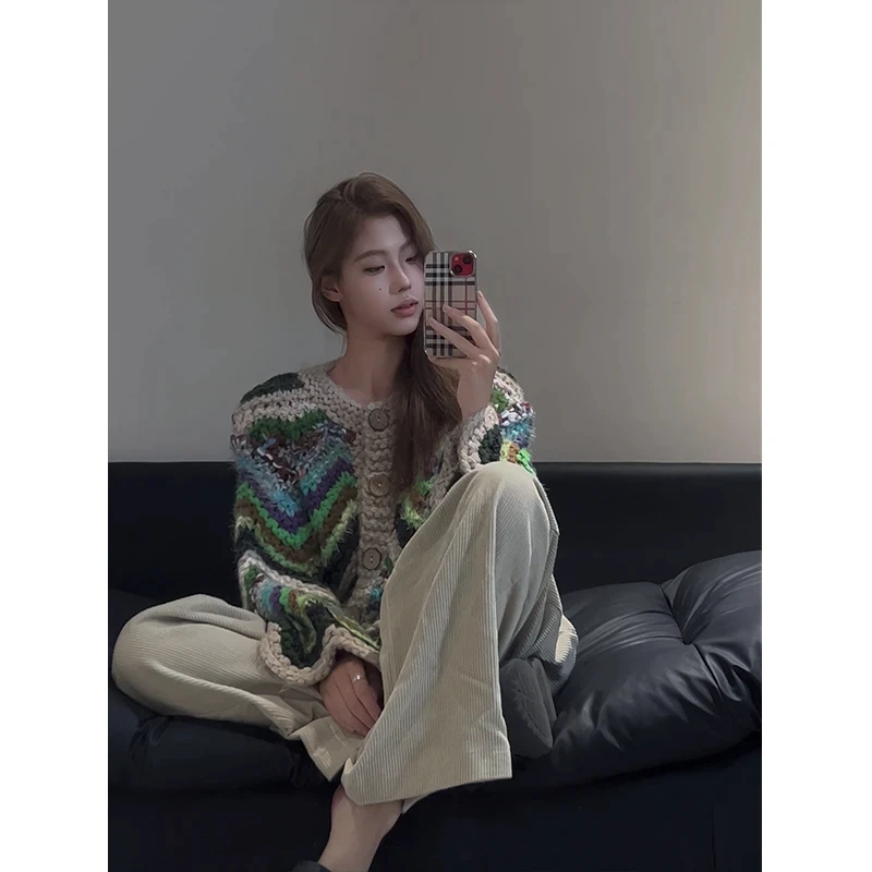 2025秋季新款高级设计感手工棒针条纹毛衣开衫宽松百搭长袖上衣女