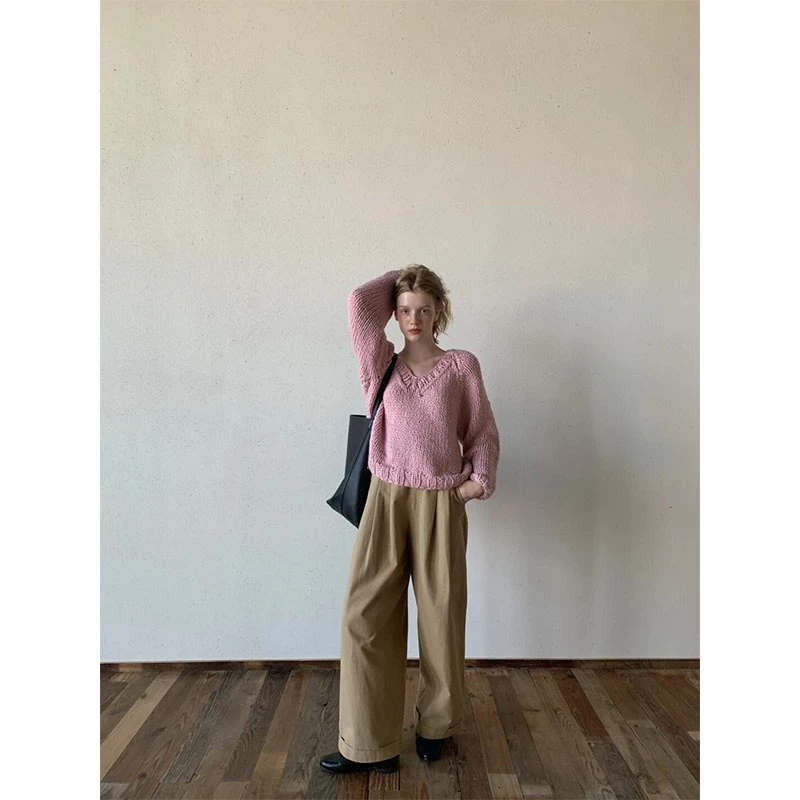 2025秋季新款韩系时尚高级感气质针织长袖上衣高腰直筒宽松阔腿裤