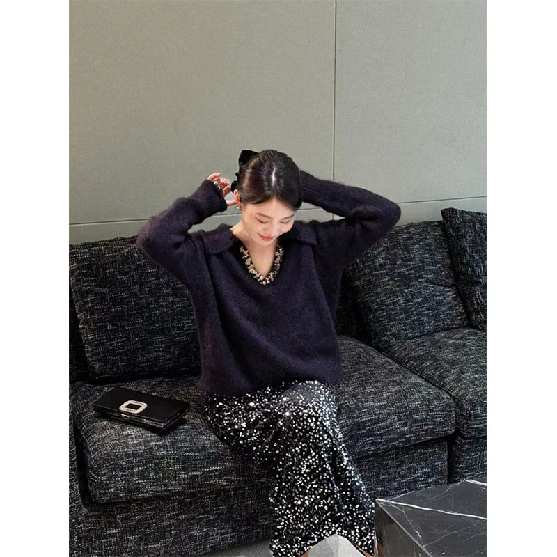 2025秋季新款轻奢风宽松V领长袖针织上衣高腰显瘦休闲亮片半身裙