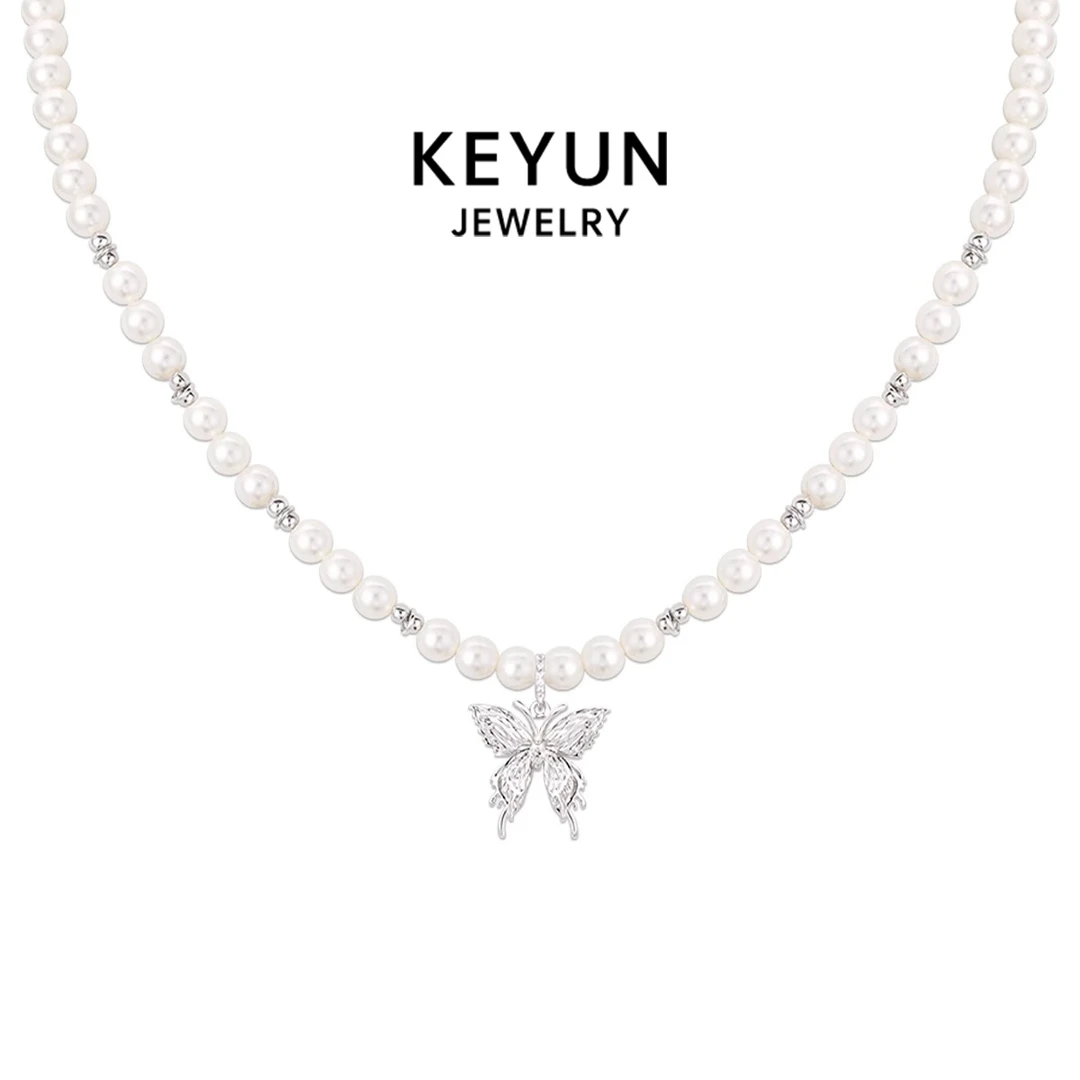 铜合金项链 气质蝴蝶项链女小众百搭拼接串珠锁骨链女ins风设计感