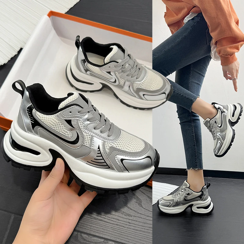 赵露思同款银色厚底运动鞋2023秋冬新款系带老爹鞋休闲鞋时尚加绒