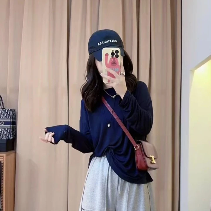 12531余小鱼 藏青色柔软舒适休闲简约圆领长袖薄款面膜T恤女装