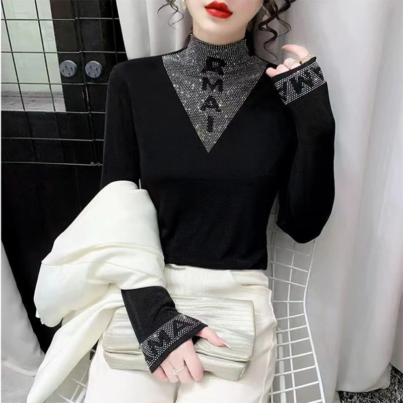 半高领打底衫女新款冬季时尚百搭小衫修身显瘦烫钻上衣 L999